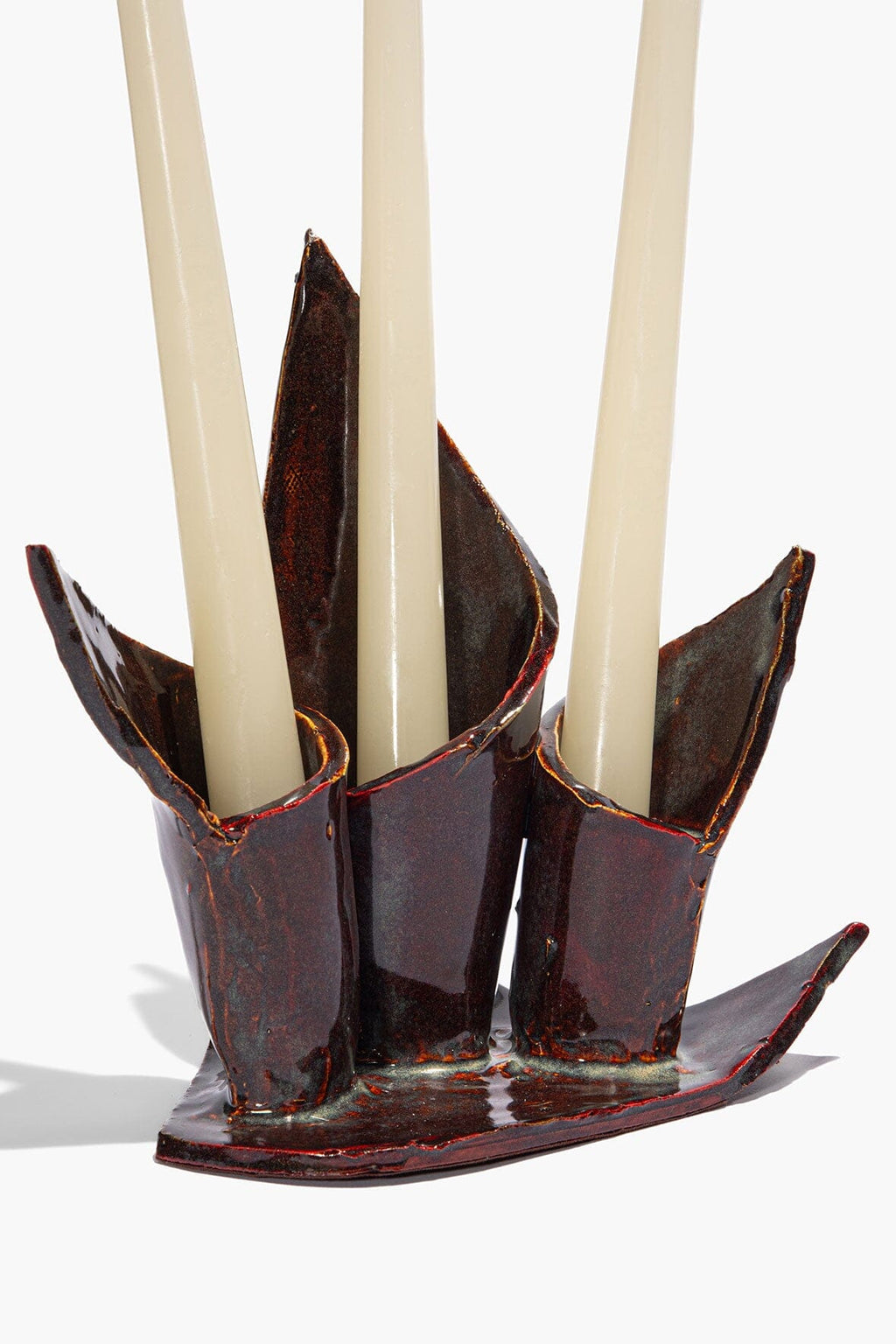 CERAMIC TRIPLE CANDLESTICK HOLDER | MAROON WASH GLAZE